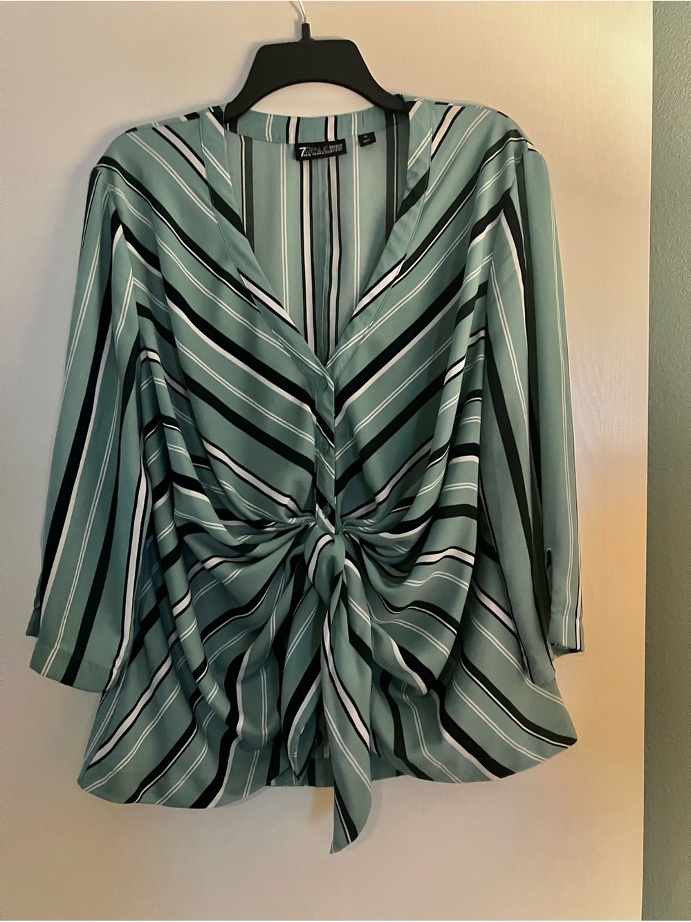 NY&Co 7th Avenue Tie Front Blouse XL Teal Striped Flowy 3/4 Sleeve Top